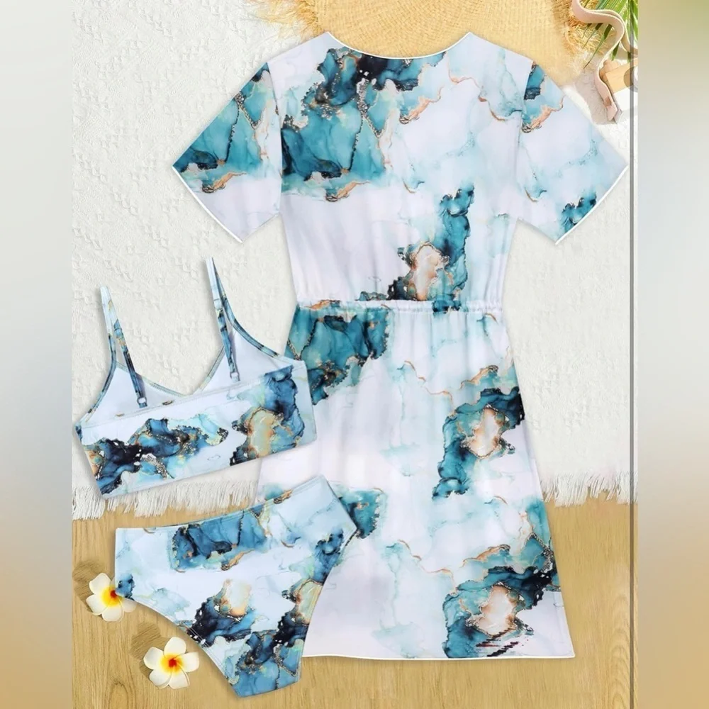 Blue Marble Print Swim Set with Cover-Up